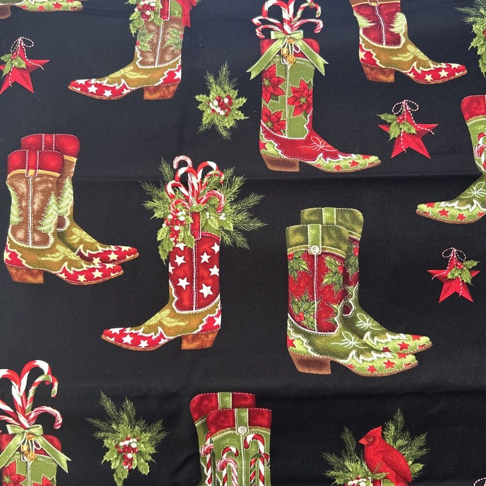 Kaufman Holly Jolly Christmas Cowboy Boot Print Cotton Quilting Fabric 2 Yd